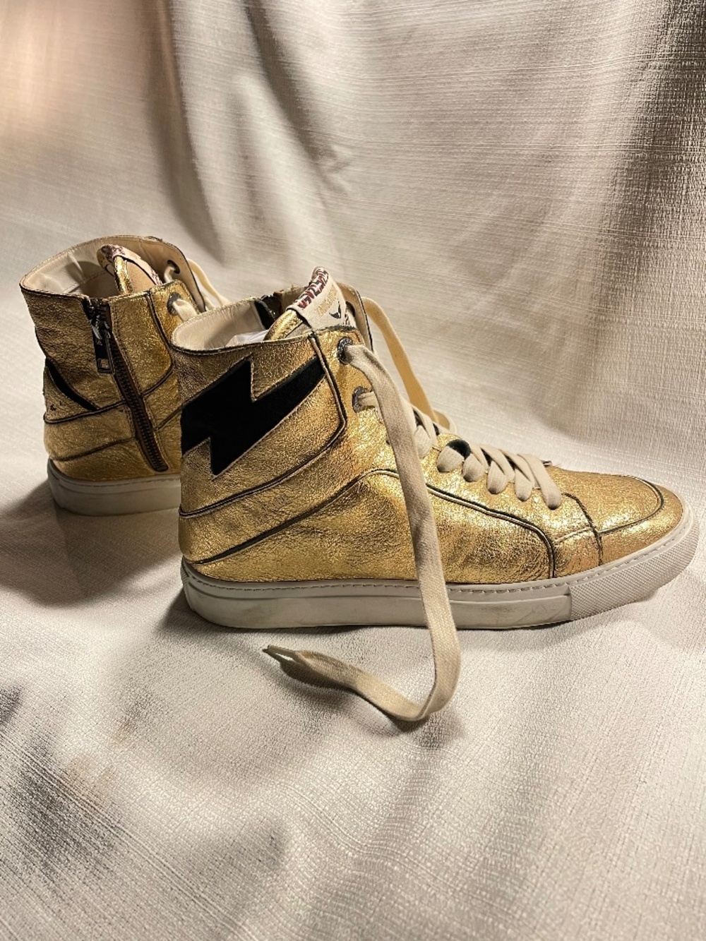 Gold High-Top Sneakers with Black Lightning Accent